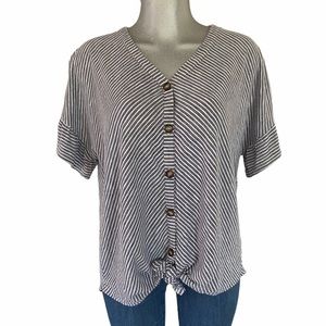 Kori Navy and White Striped Button-Front Tunic Top